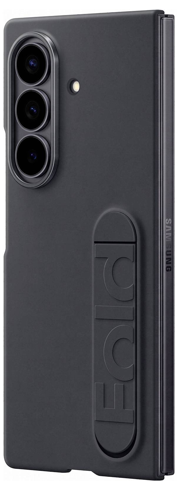 Ein schwarzes Smartphone-Gehäuse mit der Aufschrift ‚Fold', ausgestattet mit drei Kameraobjektiven, entwickelt für ein faltbares Gerät.