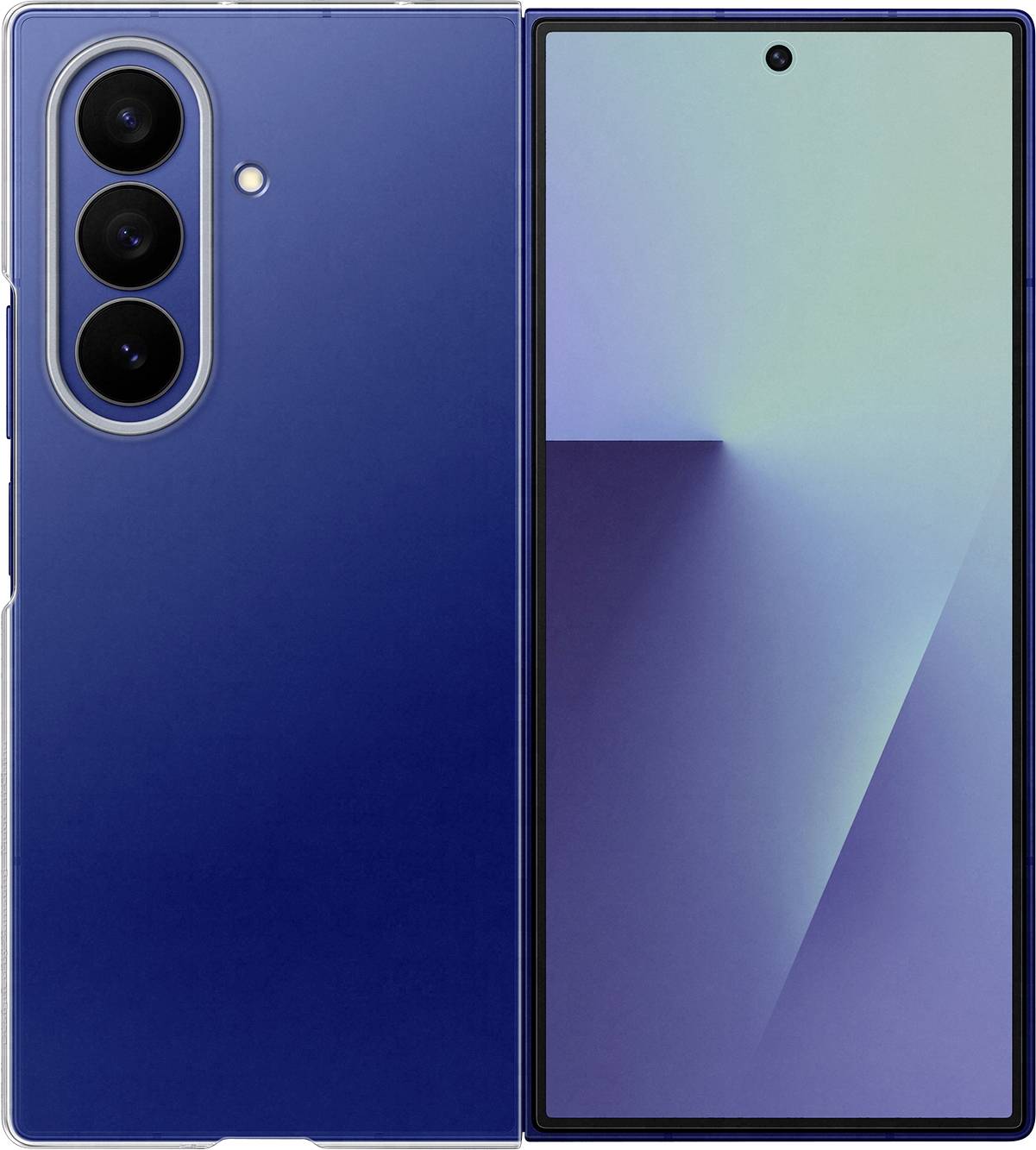 Ein Smartphone mit blauer Rückseite und dreifachem Kameramodul neben seinem Frontdisplay, das einen Verlaufshintergrund zeigt.