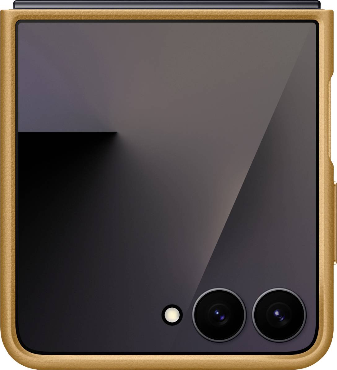 Ein gefaltetes Smartphone mit einer Dual-Kamera-Anordnung auf einer schlanken, dunkel reflektierenden Oberfläche. Das Gerät ist von einem braunen Gehäuse umrahmt.