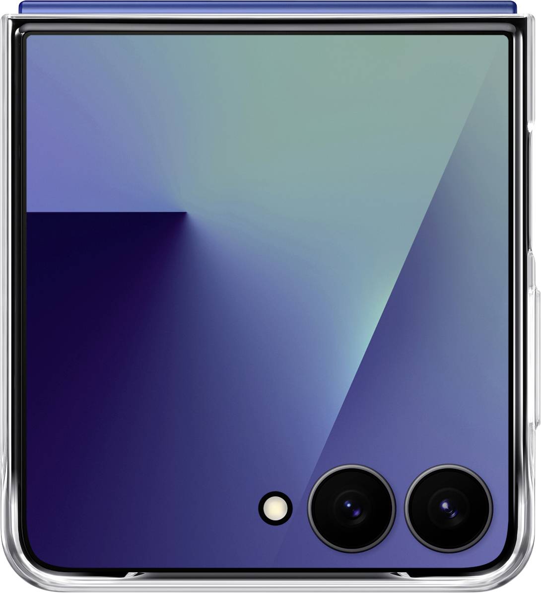 Ein zusammengeklapptes faltbares Smartphone mit zwei Rückkameras, die auf seiner Oberfläche sichtbar sind. Die Oberfläche spiegelt einen Farbverlauf von Blau- und Grüntönen wider.