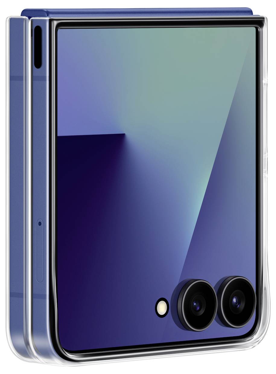 Ein blaues Smartphone mit faltbarem Design, das zwei Kameras auf der Rückseite trägt und teilweise gefaltet ist.