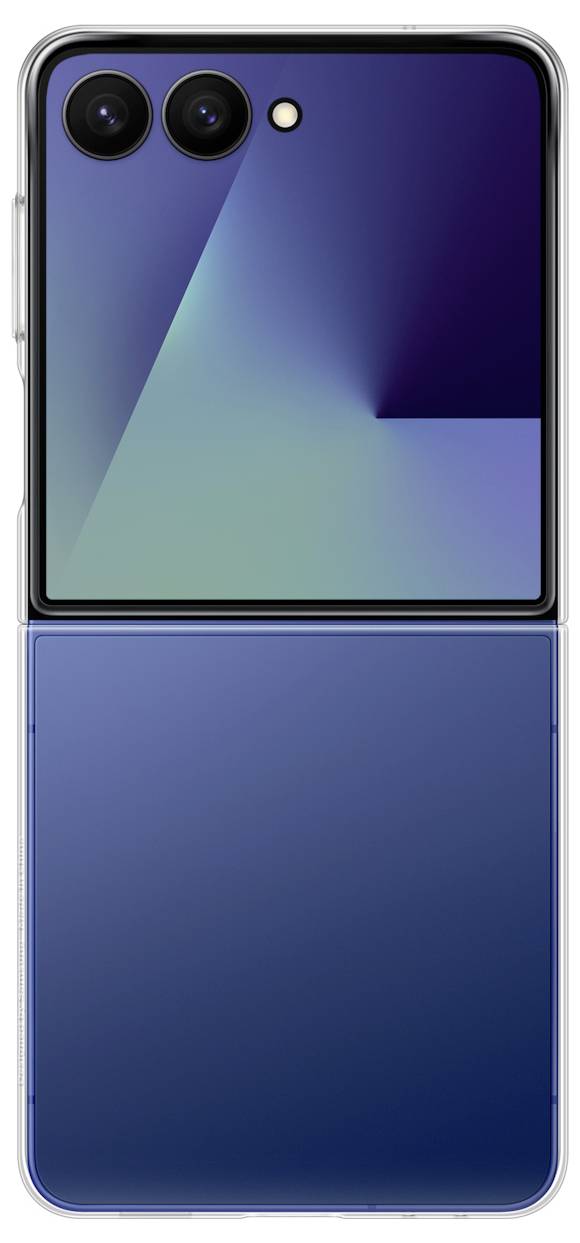 Ein faltbares Smartphone in geschlossenem Zustand, mit einem Farbverlauf auf dem Außendisplay, Dual-Kameras und einem eleganten, modernen Design.