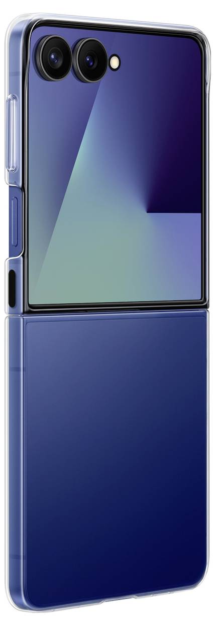 Ein modernes Smartphone mit faltbarem Design, teilweise geöffnet. Die glänzende Außenanzeige verfügt über Dual-Kameras und eine reflektierende Oberfläche.