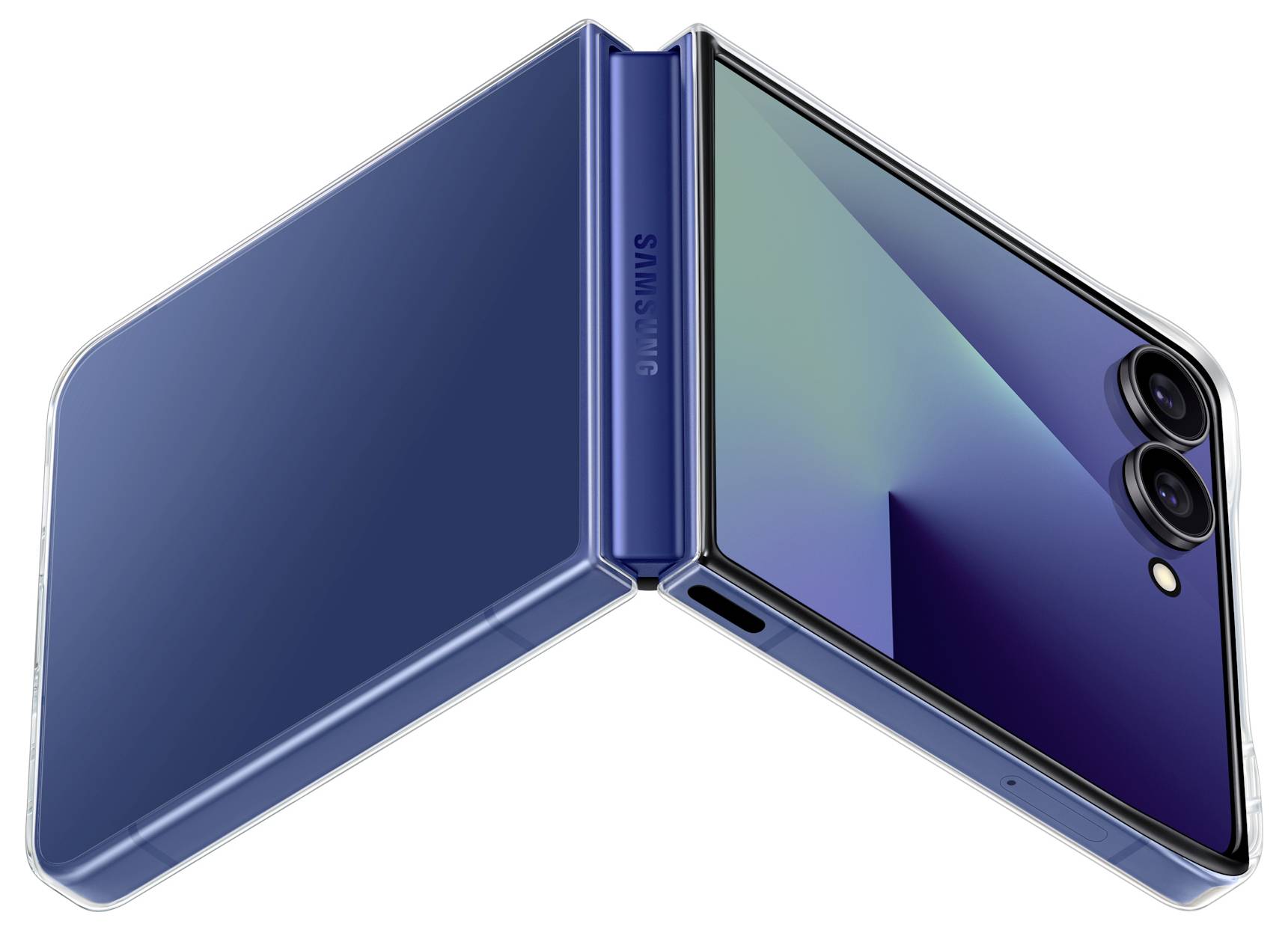 Ein blau zusammenklappbares Smartphone in offener Position, das sein schlankes Design und seine dualen Rückkameras zeigt, vor einem weißen Hintergrund platziert.