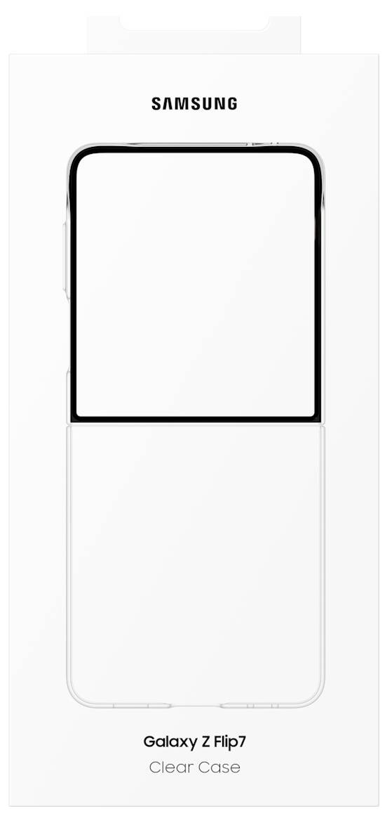 Weiße Verpackungsbox für Samsung Galaxy Z Flip7 Klarsichtgehäuse, mit minimalistischem Design und Umrissen des Produkts.