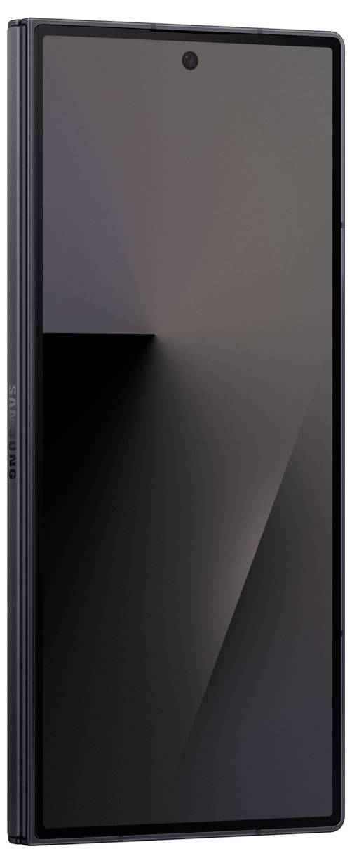 Ein schlankes, modernes Smartphone mit einem großen, schwarzen Bildschirm und schmalen Displayrändern, von vorne betrachtet.