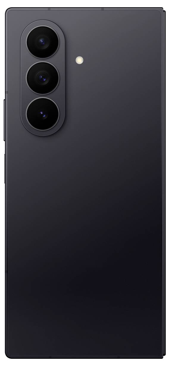 Ein schwarzes Smartphone mit drei vertikal auf der oberen linken Seite ausgerichteten Rückkameras und einem Blitz daneben.