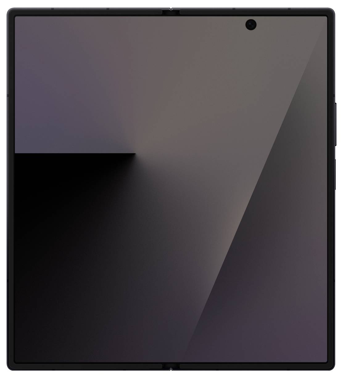 Ein quadratisches faltbares Smartphone mit einer eleganten, minimalistischen Bildschirmoberfläche, die dunkle Abstufungen in abstrakten Formen zeigt und auf einen geschlossenen Zustand hindeutet.