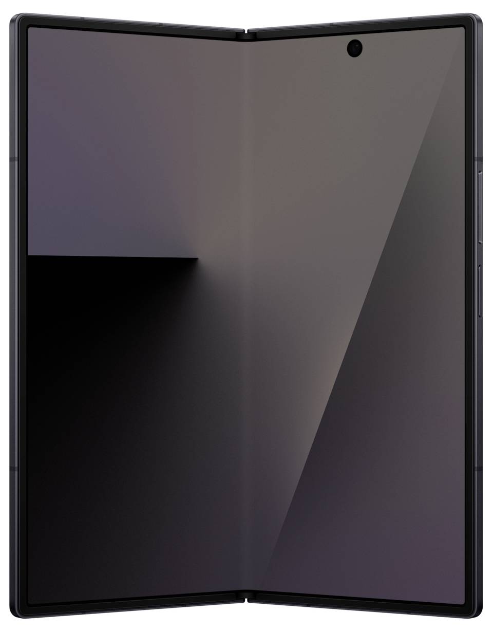 Ein faltbares Smartphone, teilweise geöffnet, mit einem nahtlosen großen Bildschirm, minimalistischer Tapete und einer Kameraöffnung an der Oberseite.