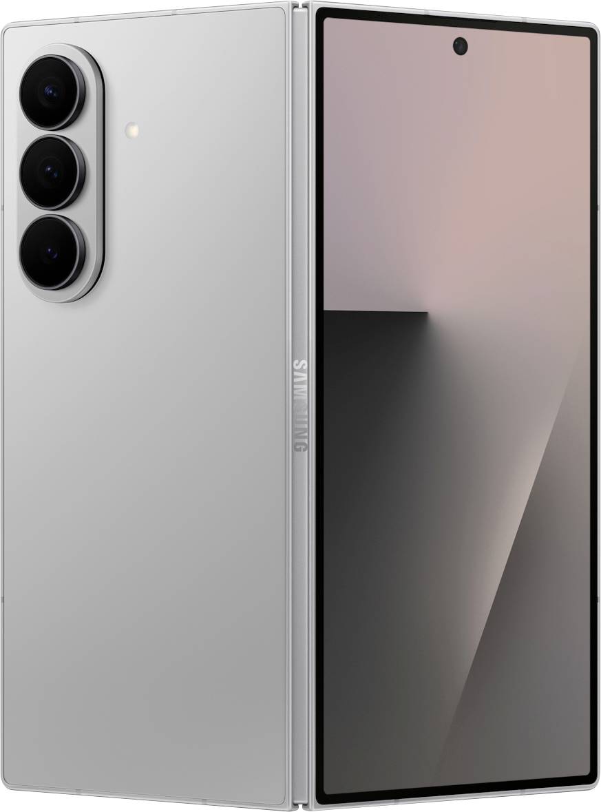 Faltbares Smartphone mit großem externen Bildschirm, dreifachem Kamera-Setup auf der Rückseite und minimalistischem Front-Display-Design.