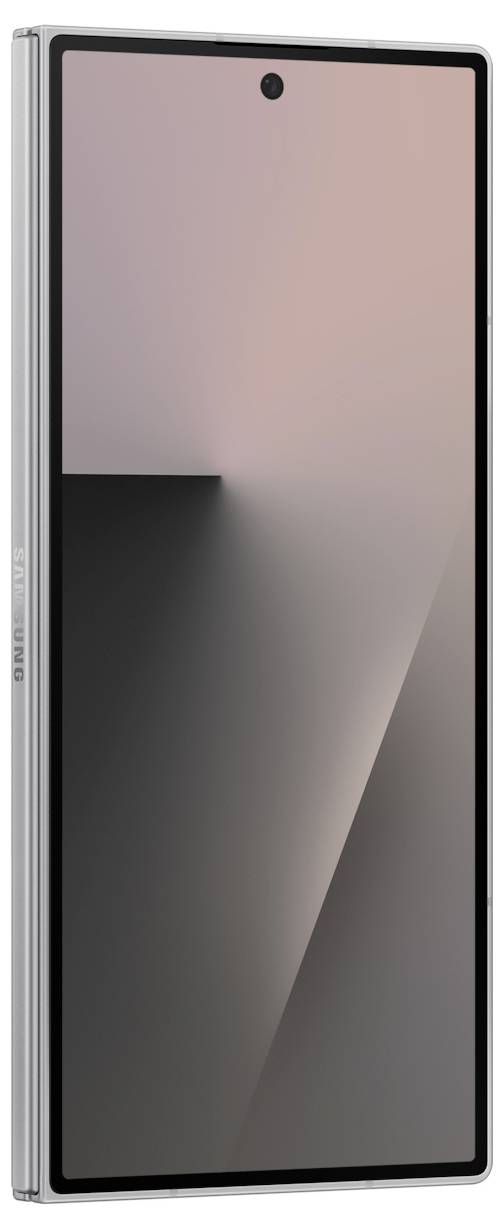 Ein Smartphone mit elegantem Design und großem Bildschirm, auf dem abstrakte geometrische Tapete zu sehen ist, steht aufrecht auf seiner Seite.