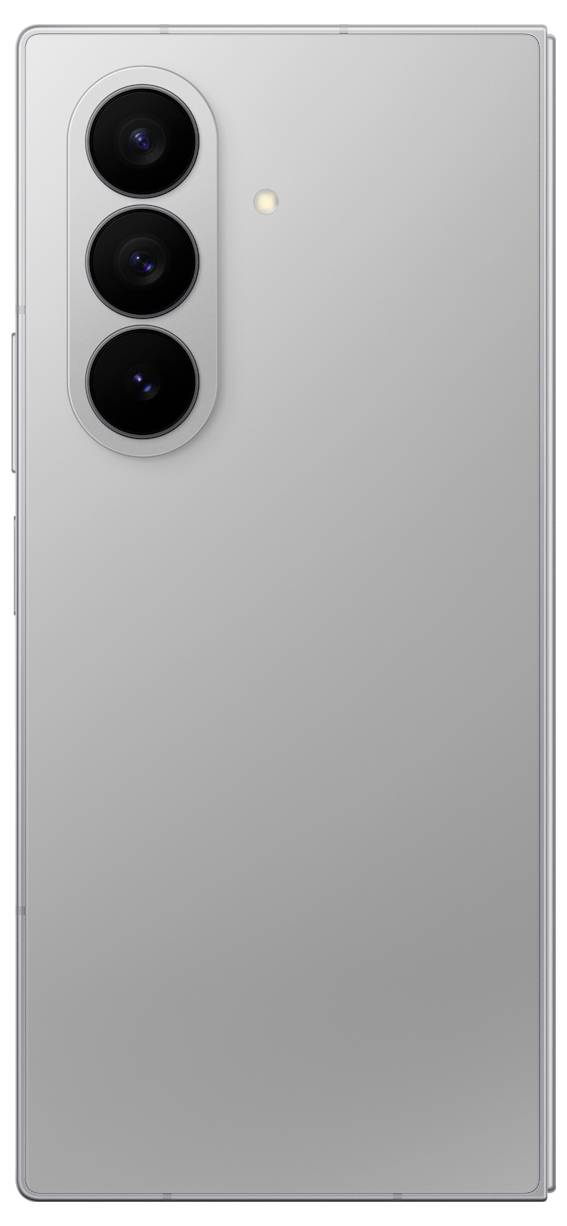 Ein Smartphone mit einer schlanken, silbernen Rückseite und drei vertikal ausgerichteten Rückkameras.