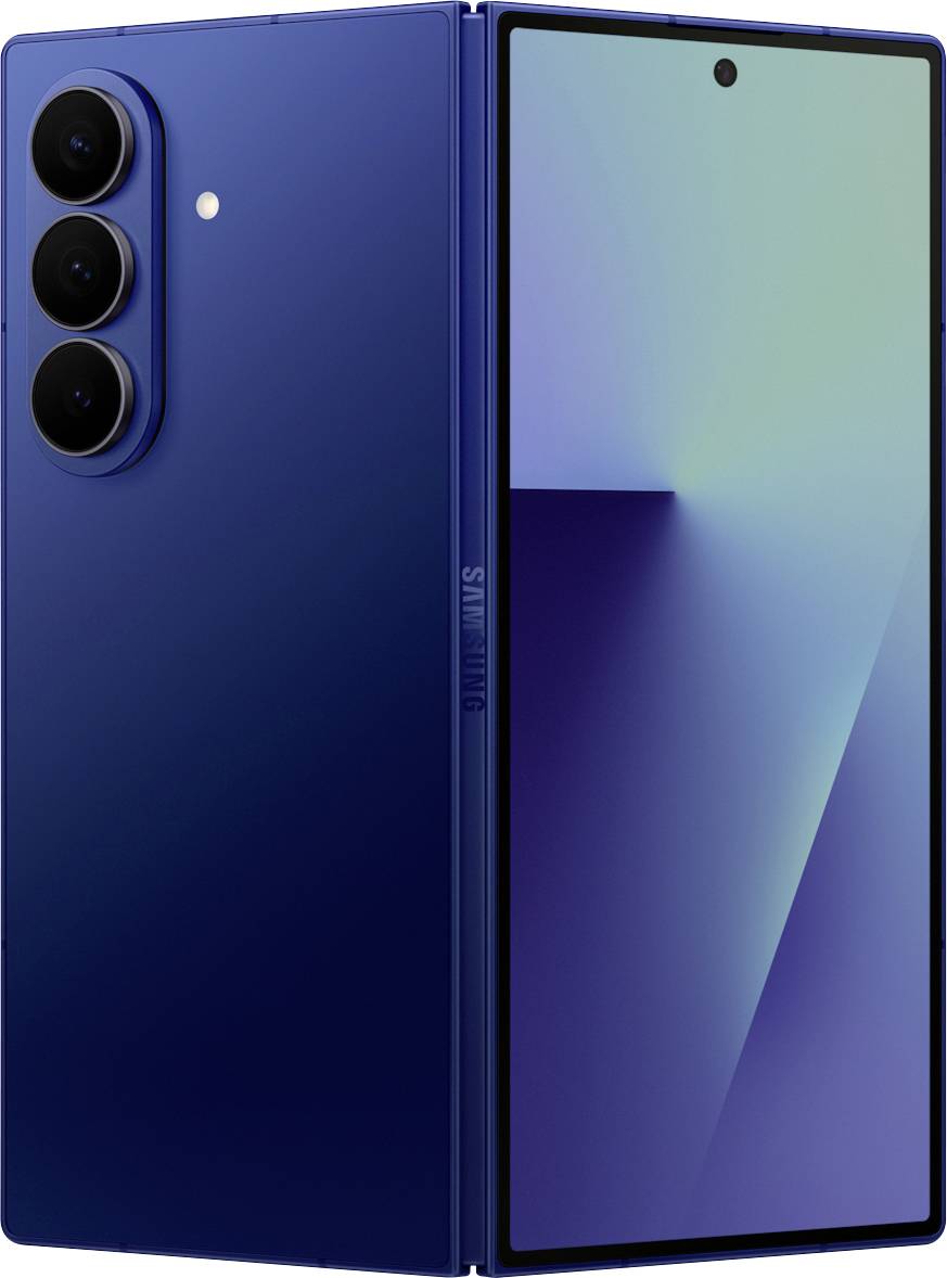 Ein schlankes blaues Smartphone mit drei Rückkameras und einem faltbaren Design, das teilweise geöffnet ist und den Innenbildschirm zeigt.