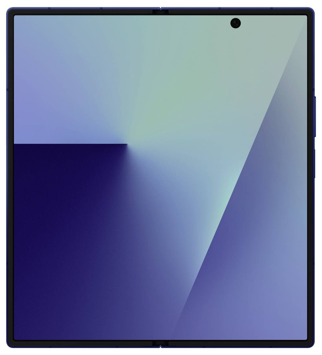 Ein Smartphone mit einem großen, randlosen faltbaren Display zeigt abstrakte blaue und grüne Verlaufsformen.