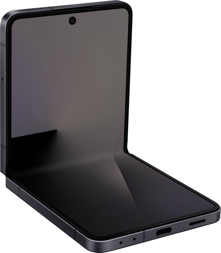 Ein schwarzes faltbares Smartphone, das teilweise geöffnet ist und dessen reflektierende Bildschirmfläche sichtbar ist. Das Telefon verfügt über ein Scharnier in der Mitte des Displays.