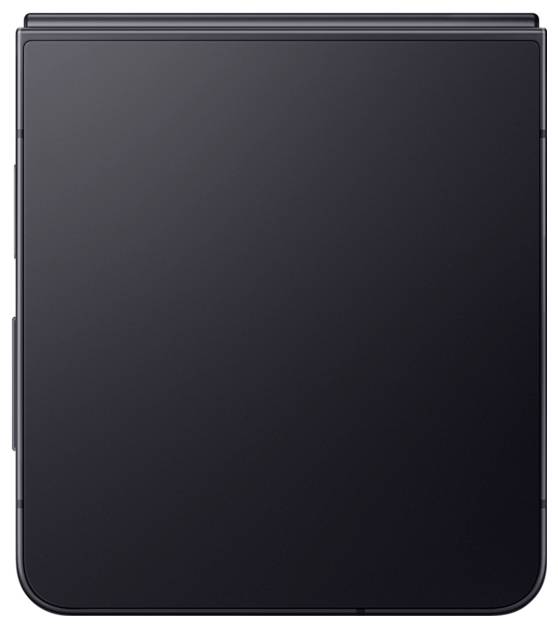 Ein geschlossenes, schwarzes, modernes Klapphandy, von hinten betrachtet, mit einem schlanken und minimalistischen Design.