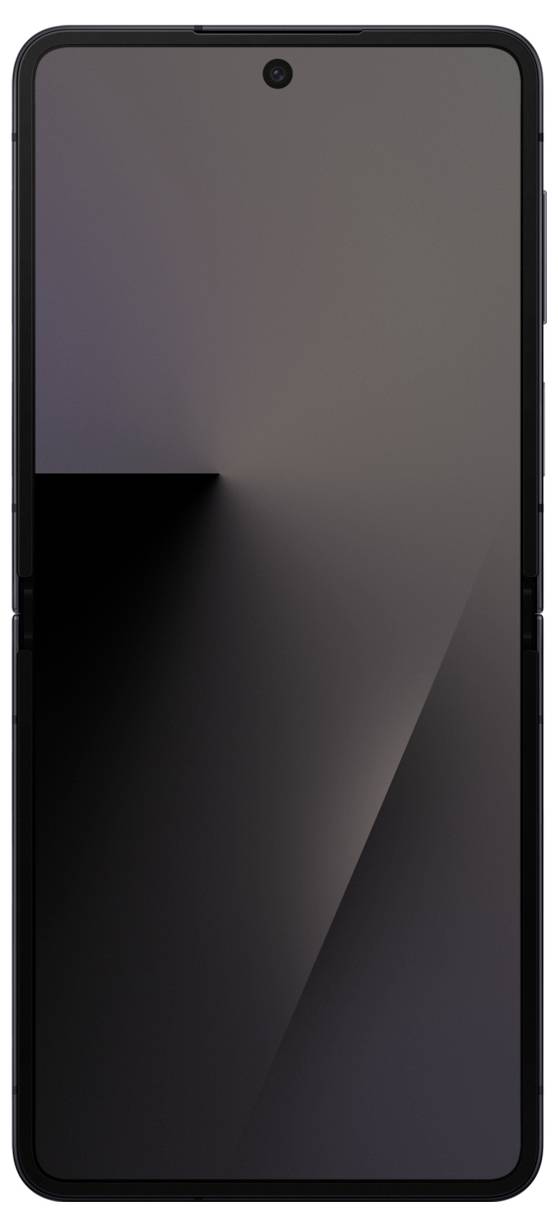 Ein Smartphone mit elegantem Design und einer mittig platzierten Frontkamera am oberen Bildschirmrand. Der Bildschirm zeigt einen dunklen Farbverlauf.