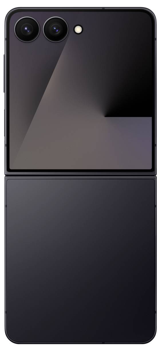 Ein schlankes, modernes Klapp-Smartphone, das teilweise geöffnet ist und eine Dual-Kamera mit matter schwarzer Oberfläche auf der Rückseite zeigt.