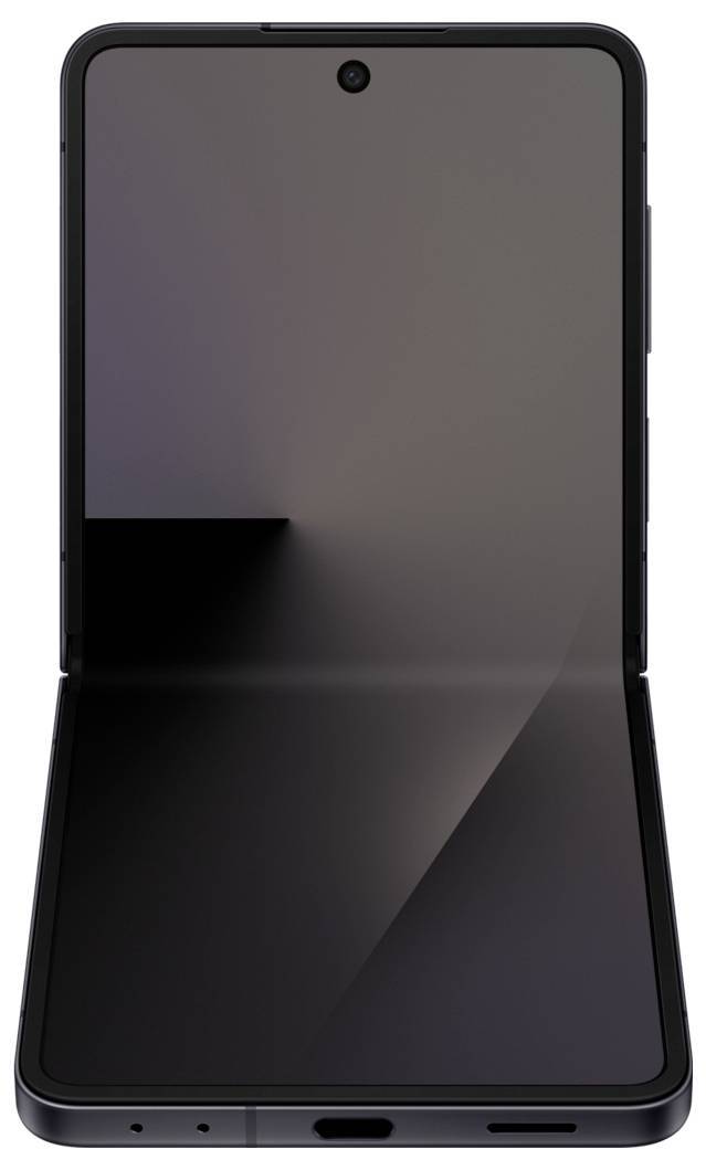 Ein faltbares Smartphone, das teilweise geöffnet ist und einen reflektierenden Bildschirm zeigt, wobei die Scharnierstelle in der Mitte sichtbar ist. Das Design ist schlicht und modern.