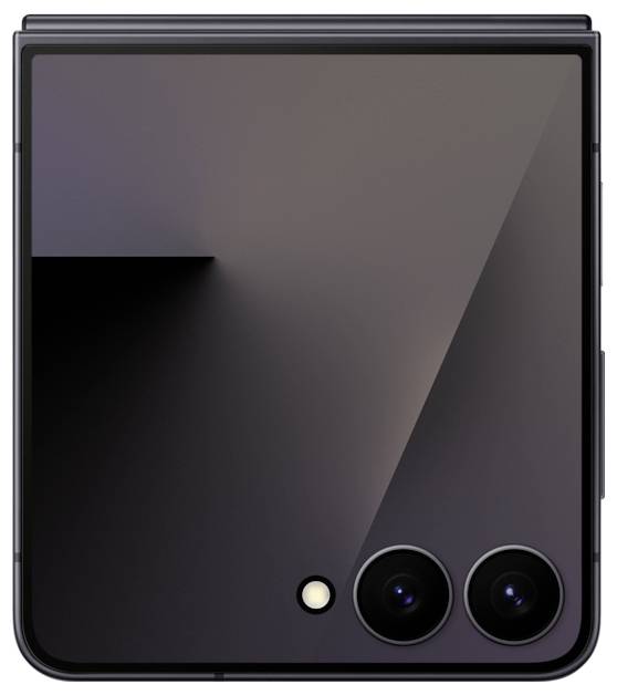 Ein geschlossenes schwarzes Klapphandy mit zwei Kameraobjektiven und einem kleinen Blitz in der Ecke seiner Außenfläche.