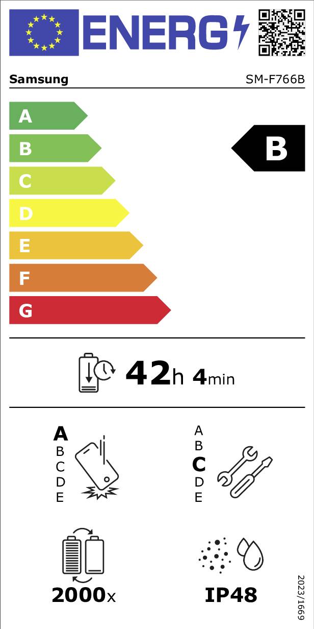 Energielabel für Samsung SM-F766B zeigt Energieeffizienzklasse B, mit einer Akkulaufzeit von 42h 4min, Effizienz 2000x, IP48 Wasser- und Staubresistenz.