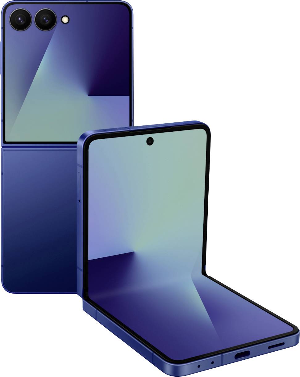 Ein schlankes, blaues faltbares Smartphone, das in geöffneter und geschlossener Position gezeigt wird und dessen flexibles Scharnier und modernes Design hervorgehoben werden.