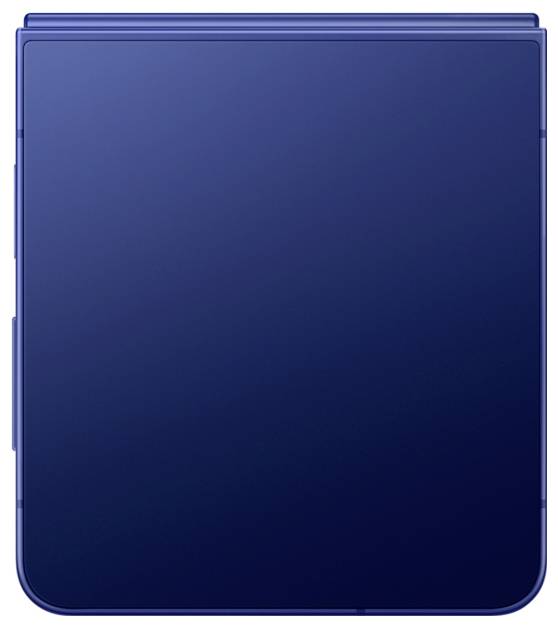 Das Bild zeigt ein geschlossenes blaues Klapphandy mit glatter Oberfläche, von vorne betrachtet.