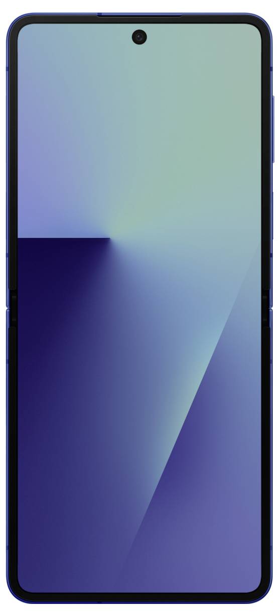 Ein Smartphone mit einem Farbverlauf-Bildschirm in Blautönen und einer zentrierten Kameraöffnung an der Oberseite.