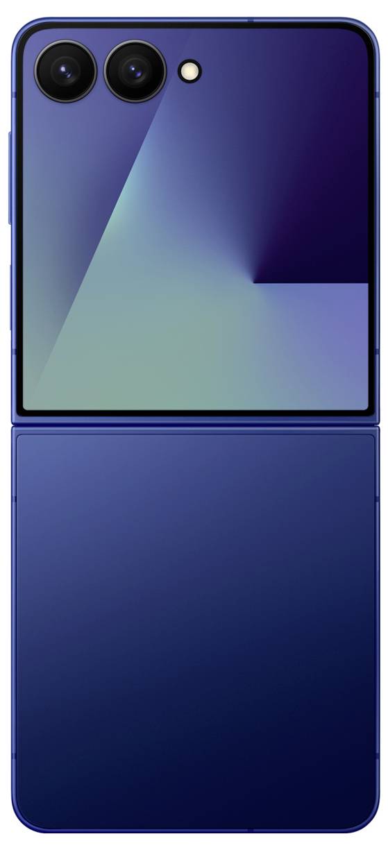 Ein faltbares Smartphone mit einem großen Außendisplay, das ein Gradientendesign zeigt. Das Telefon ist geschlossen und weist zwei Kameras an der Oberseite auf.