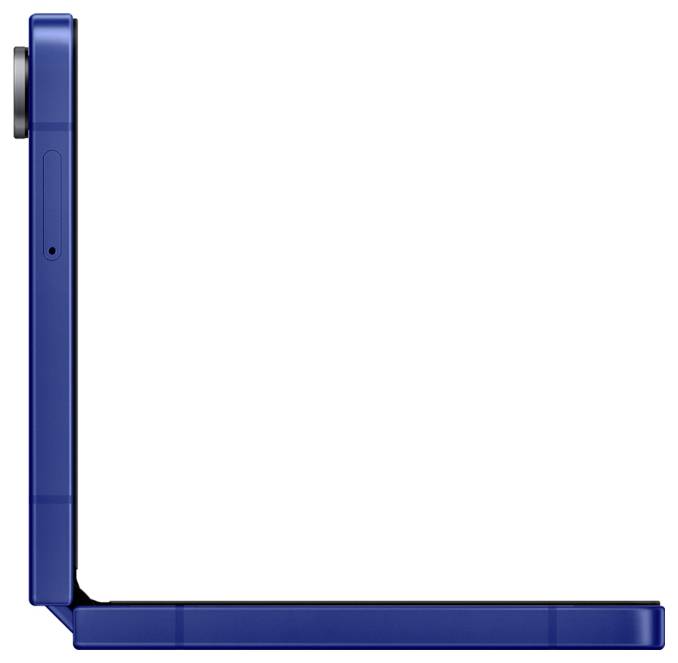 Eine Seitenansicht eines halb zusammengeklappten blauen Tablet-Laptop-Hybrids, die seinen schlanken Profil und die sichtbare Kameraecke hervorhebt.