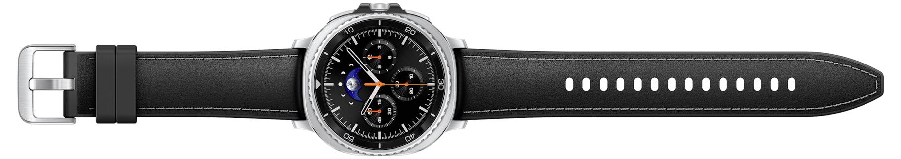 Eine silberne Smartwatch mit einem schwarzen Lederarmband, die eine analoge Uhr mit orangefarbenen Akzenten und mehreren Unterwahlzifferblättern zeigt.