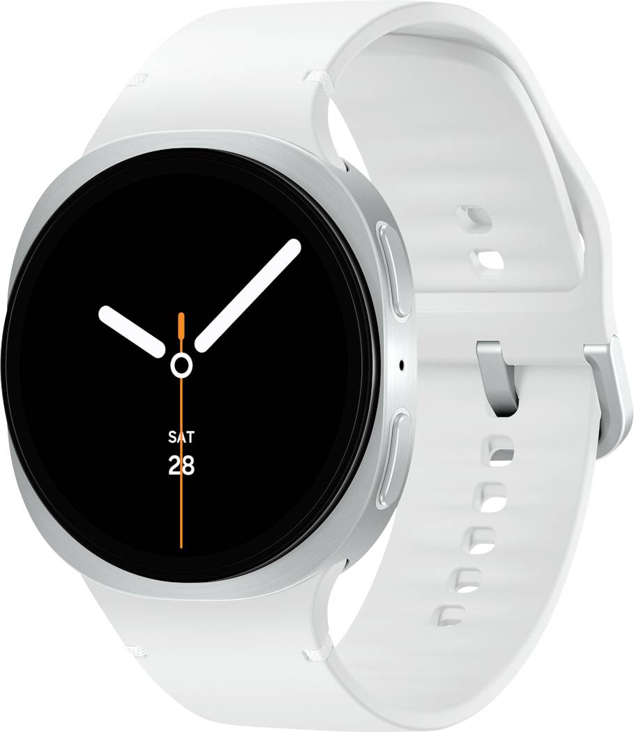 Eine weiße Smartwatch mit rundem Gehäuse zeigt eine minimalistische Analoguhr. Die Zeiger stehen auf 10:10, und das Datum wird auf schwarzem Hintergrund als 'SAT 28' angezeigt.