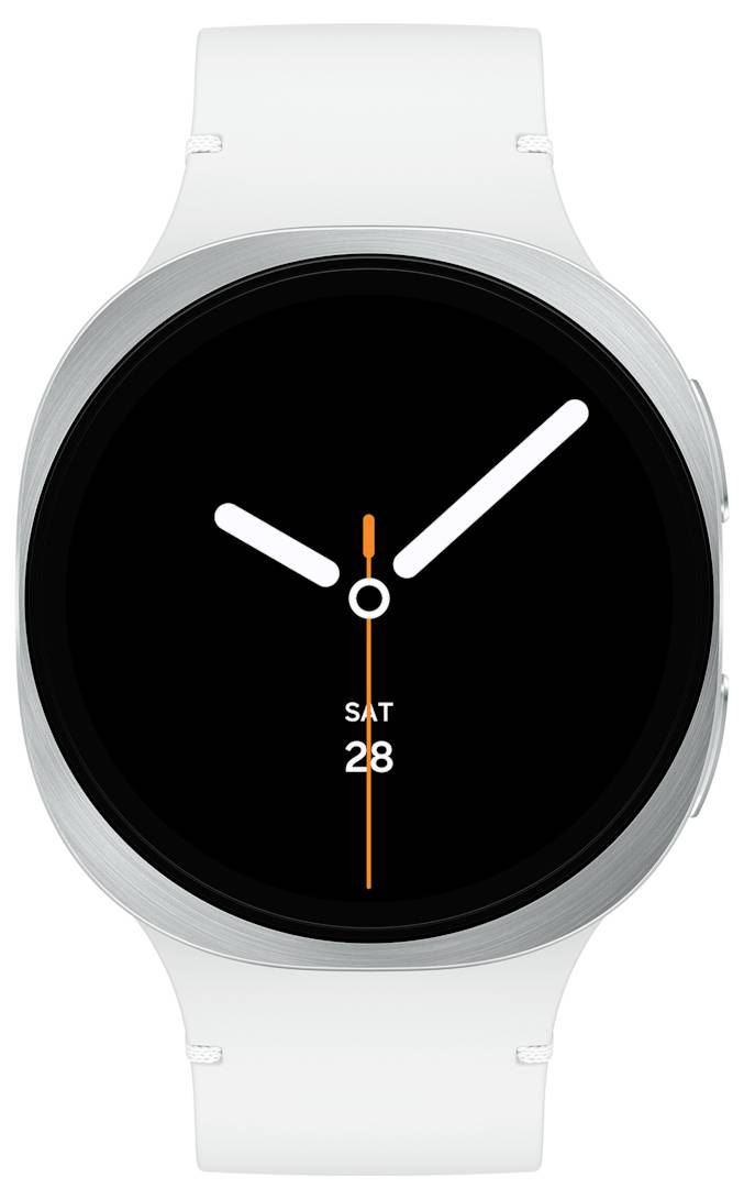 Eine Smartwatch mit weißen Zeigern auf schwarzem Zifferblatt, Datum angezeigt als 'SAT 28', und weißem Armband.