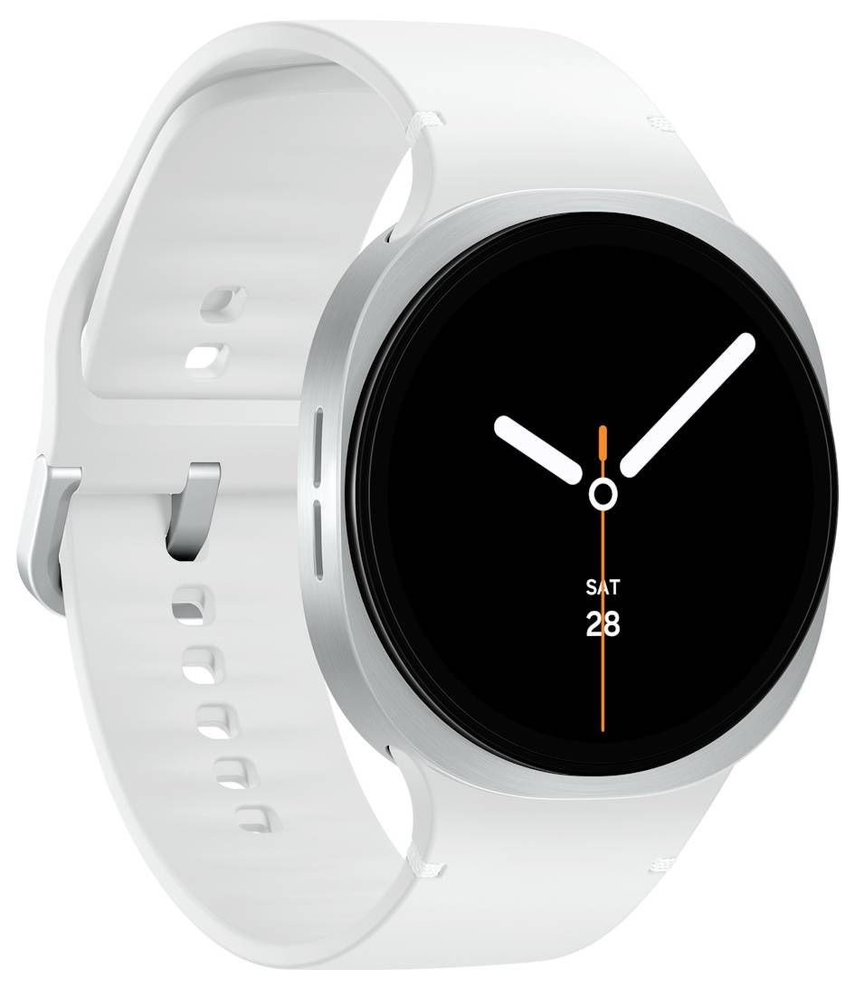 Eine Smartwatch mit einem kreisförmigen Display, das die Zeit mit Stunden-, Minuten- und Sekundenzeigern anzeigt. Das Datum 'SAT 28' ist auf dem Zifferblatt dargestellt.