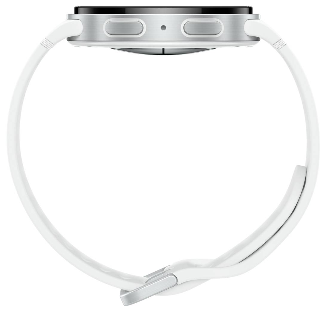 Eine weiße Smartwatch in Seitenansicht, die zwei Tasten rechts und ein minimalistisches Design zeigt.