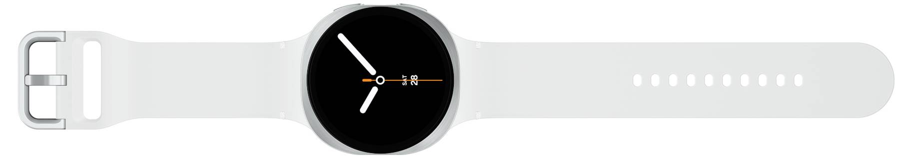 Eine weiße Smartwatch mit einem schwarzen, runden Zifferblatt, das minimalistische weiße Zeiger und einen orangefarbenen Marker zeigt.