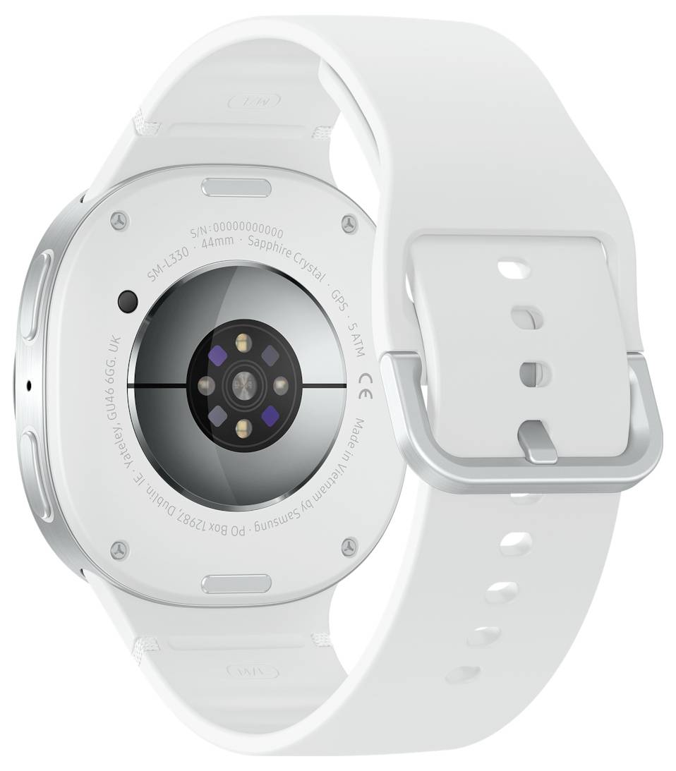 Eine weiße Smartwatch mit Metallgehäuse und Herzfrequenzsensor auf der Rückseite. Das weiße Band ist verstellbar und aus einem glatten Material gefertigt.