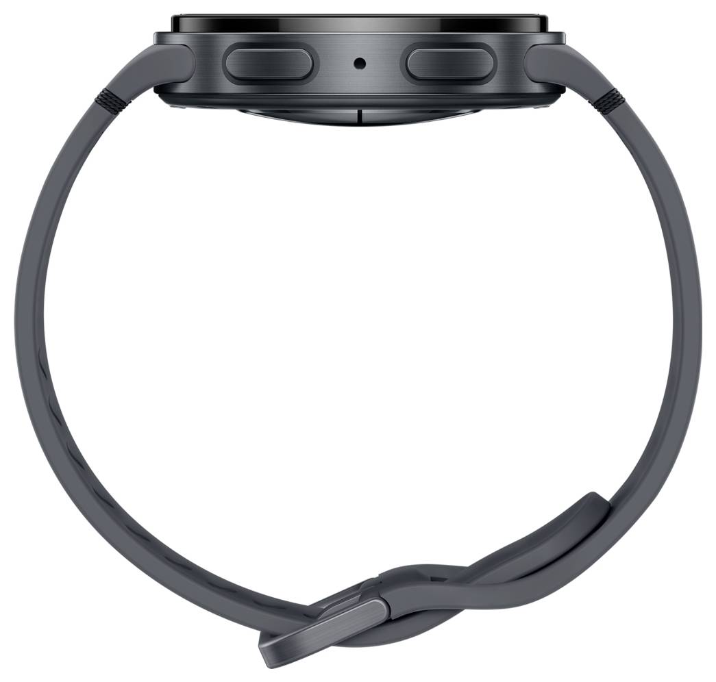 Eine elegante, schwarze Smartwatch, von der Seite gezeigt, mit Blick auf ihre Tasten und den schmalen, geschwungenen Armband.