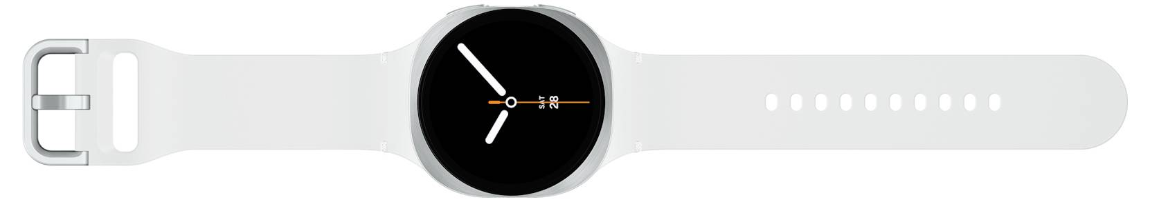 Eine digitale Smartwatch mit einem runden schwarzen Display zeigt die Zeit als 10:08 Uhr an. Die Uhr hat ein schlankes Design mit einem weißen Armband.