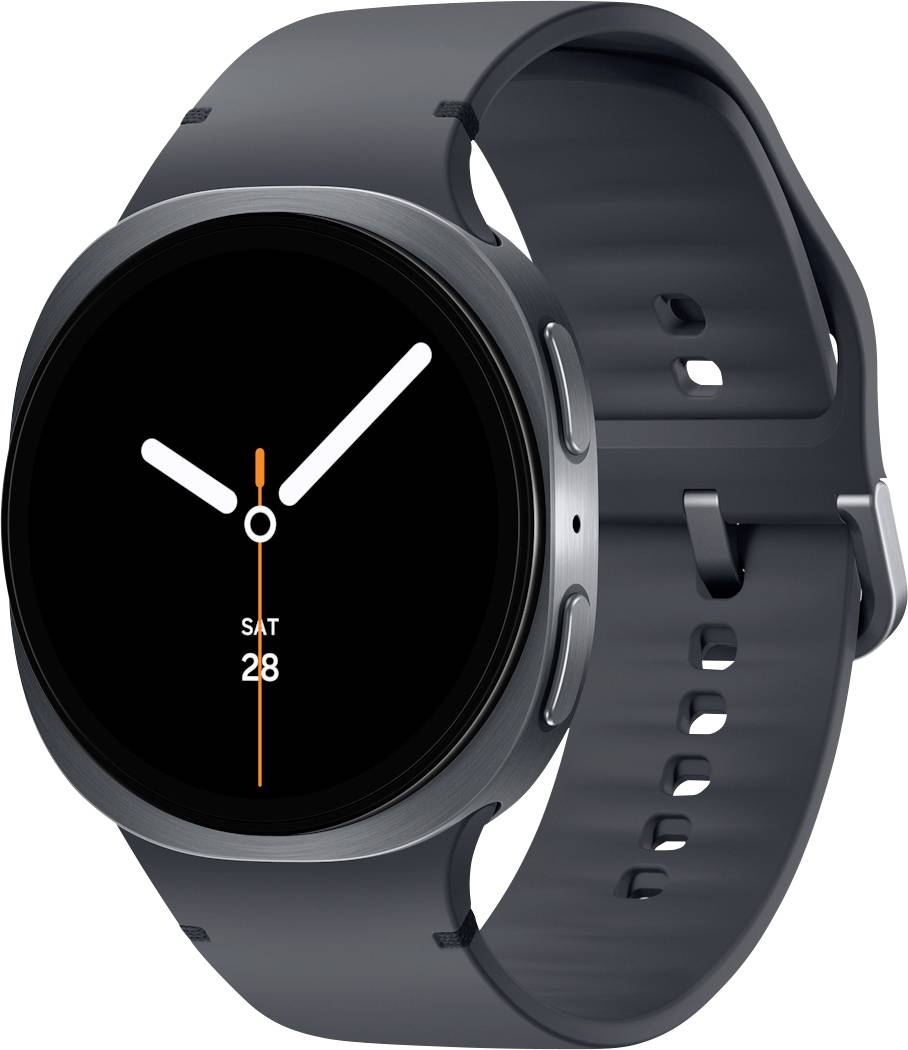 Eine runde digitale Smartwatch mit einem schwarzen Armband zeigt die Zeit mit minimalistischen weißen Zeigern und einer Datumsanzeige von Samstag, 28.