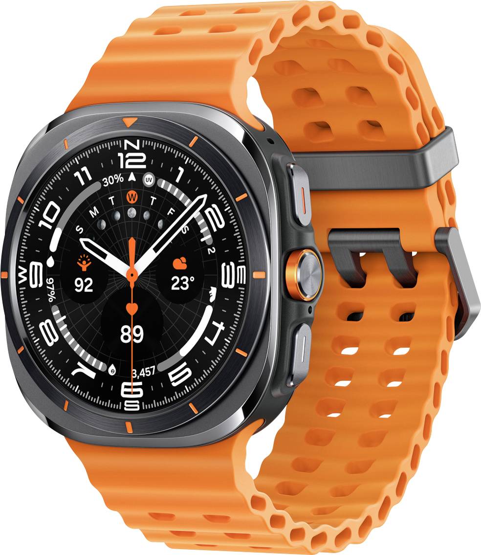 Smartwatch mit orangefarbenem Band, das eine digitale Zeitanzeige, Datum, Wettersymbole und Fitness-Tracking-Metriken auf dem Bildschirm zeigt.