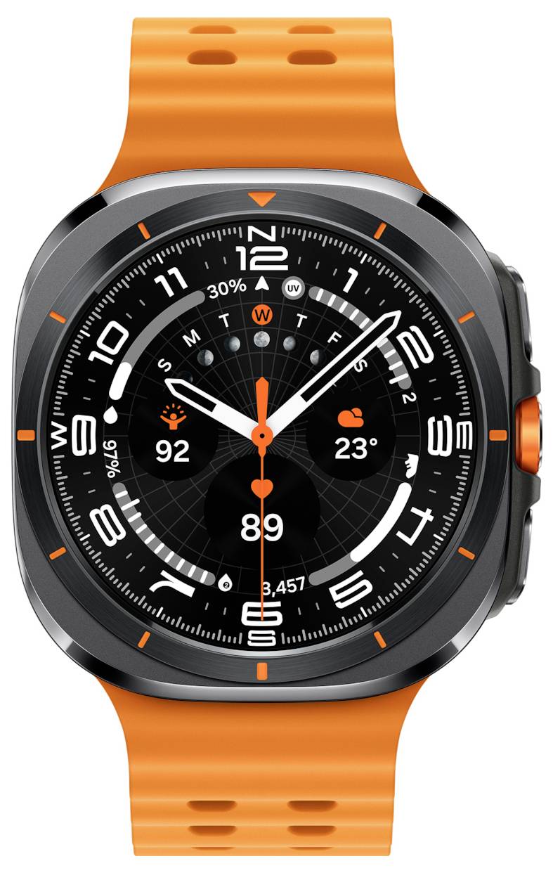 Eine Smartwatch mit orangefarbenem Armband zeigt die Uhrzeit, das Wetter, das Datum und den Aktivitätstracker. Der Bildschirm zeigt 23°C, '29%' und die Anzahl der Schritte an.