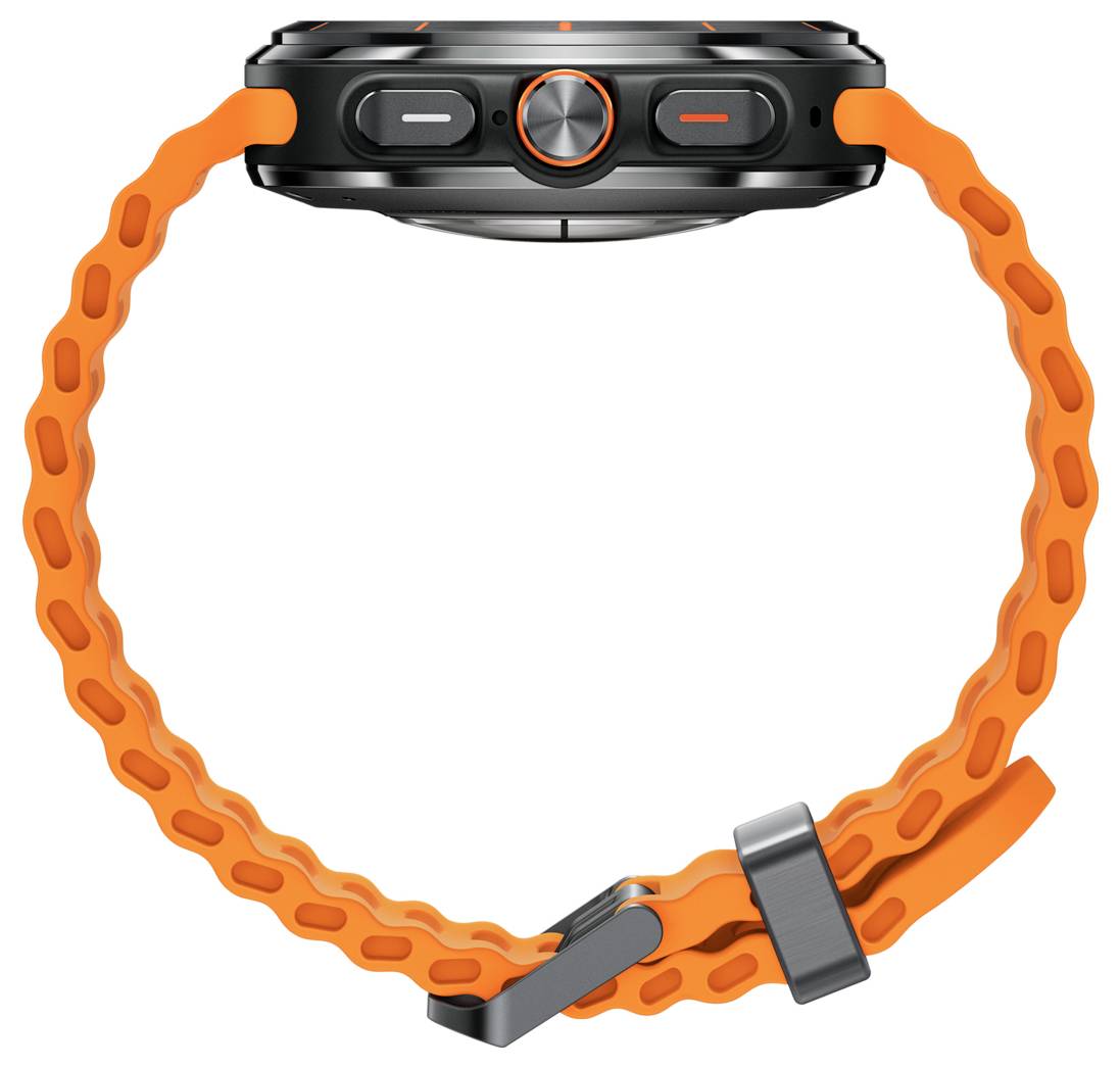 Eine schwarze Smartwatch mit einem orangefarbenen, strukturierten Armband wird von der Seite gezeigt, wobei die Tasten und der Schnallenverschluss hervorgehoben werden.