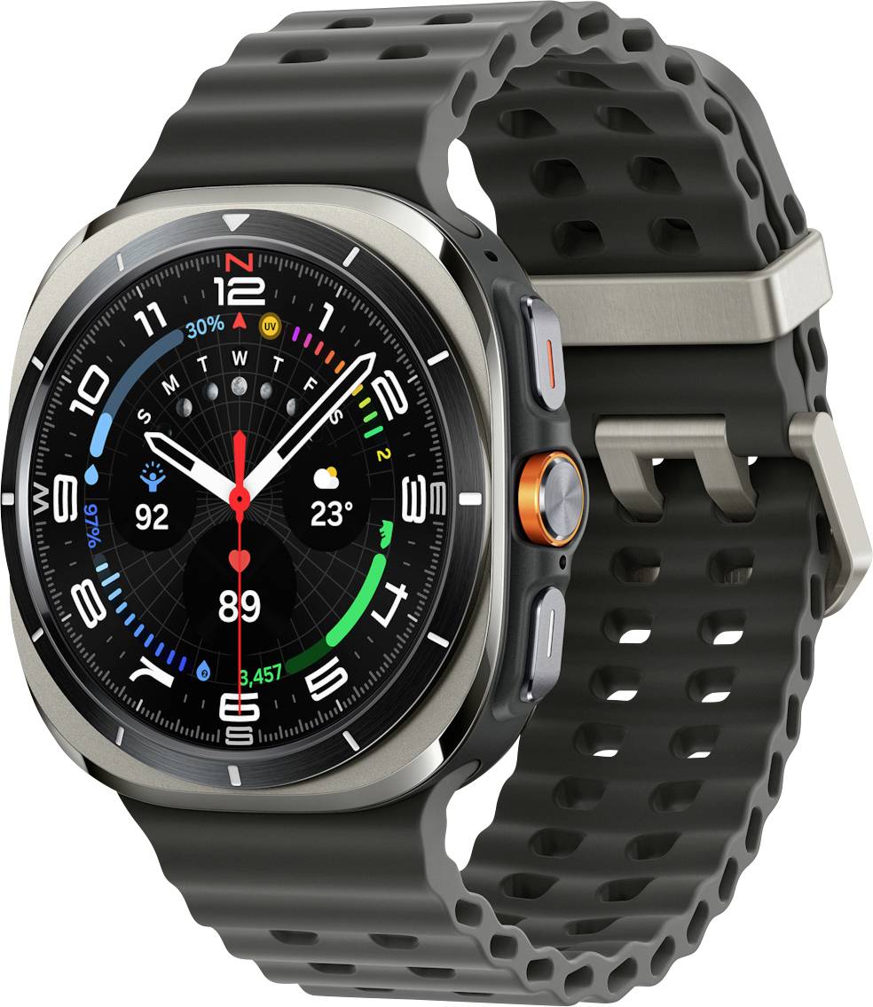 Smartwatch mit rundem Display, das die Uhrzeit, das Datum, die Herzfrequenz von 92 Schlägen pro Minute, die Schrittzahl von 5.457 und einen digitalen Kompass auf einem schwarzen Armband zeigt.