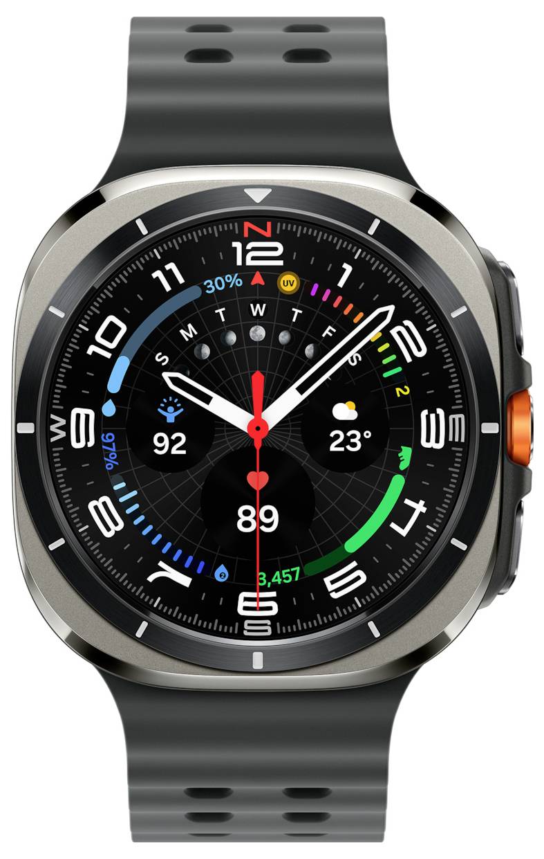 Eine schwarze Smartwatch, die die Zeit 10:10 anzeigt. Das Zifferblatt zeigt Schrittzähler, Wetter, Herzfrequenz und Wochentagsindikatoren auf einer runden Anzeigefläche.