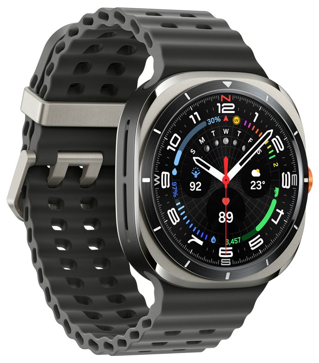 Eine Smartwatch mit einem schwarzen perforierten Armband zeigt die Uhrzeit, das Datum, Wettersymbole, Herzfrequenz von 89 bpm und eine Schrittzahl von 4.457 Schritten an.