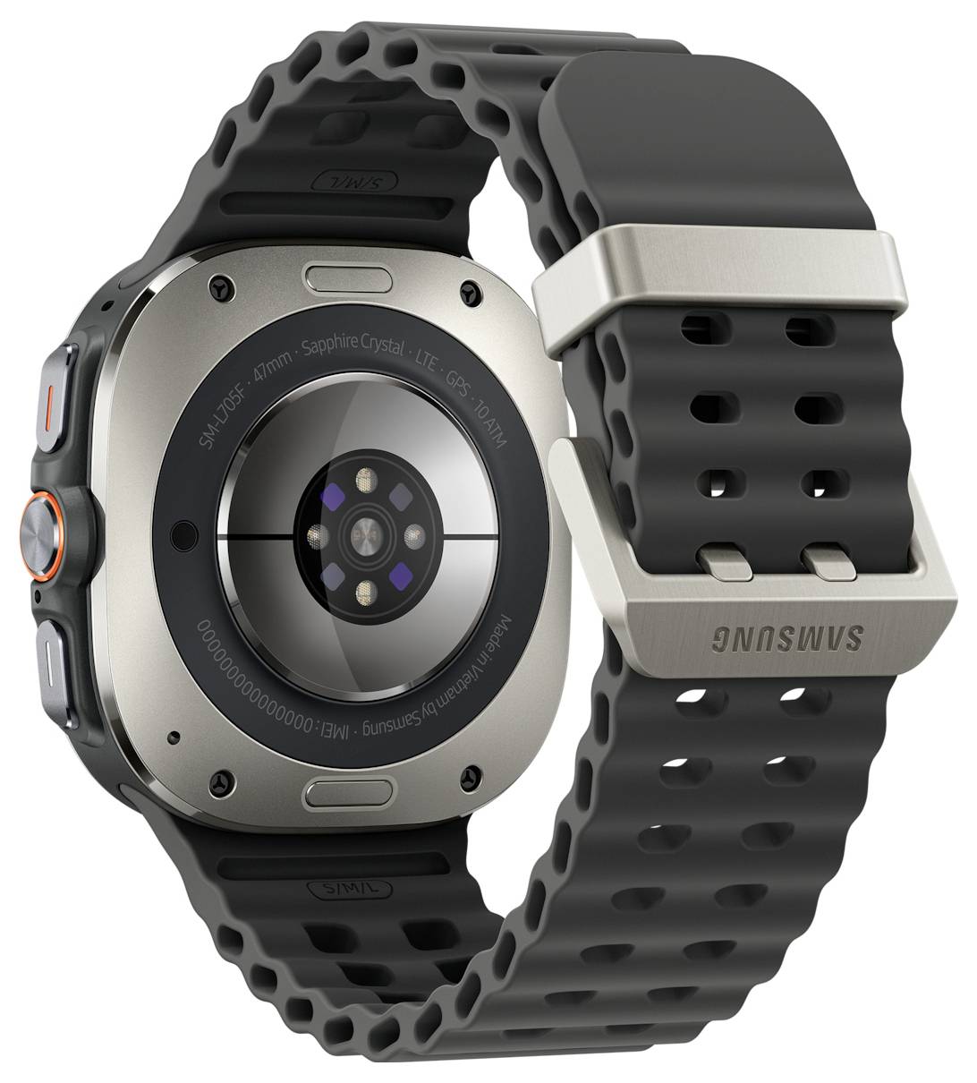 Smartwatch mit schwarzem Armband, silberner Gehäuse und mehreren Sensoren auf der Rückseite.