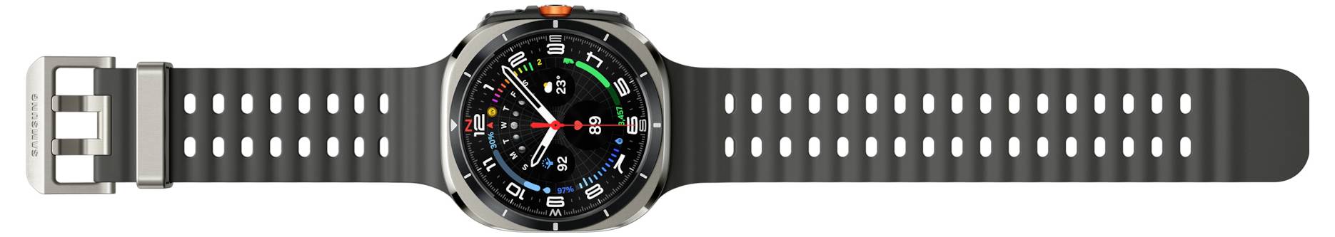 Eine Smartwatch mit einem schwarzen Armband, die ein analoges Zifferblatt und mehrere farbige Icons zeigt, die verschiedene App-Benachrichtigungen andeuten.