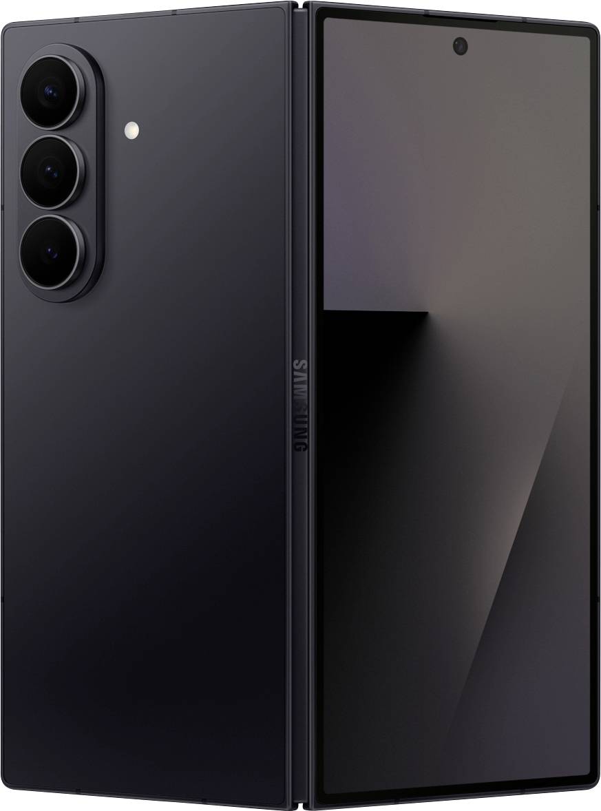 Ein Smartphone mit faltbarem Display, teilweise geöffnet, das ein elegantes Design mit drei Rückkameras und einem großen, kerbenfreien Bildschirm zeigt.