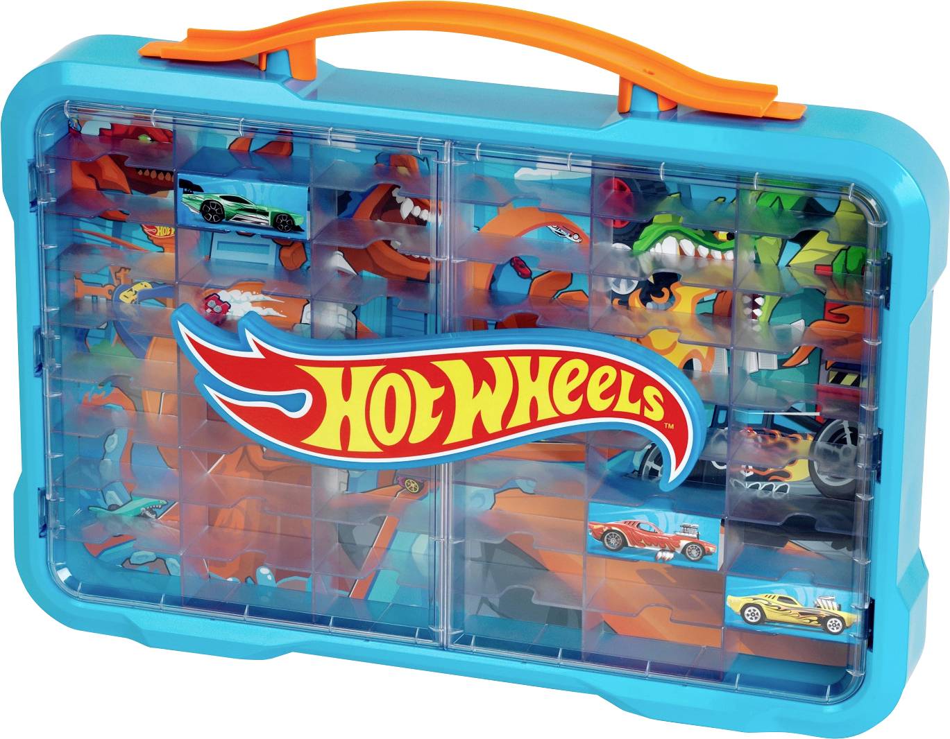 Eine blaue Aufbewahrungsbox mit orangefarbenem Griff, mit dem Aufdruck 'Hot Wheels', die bunte Spielzeugautos und Zubehör enthält und durch eine durchsichtige Frontseite einsehbar ist.